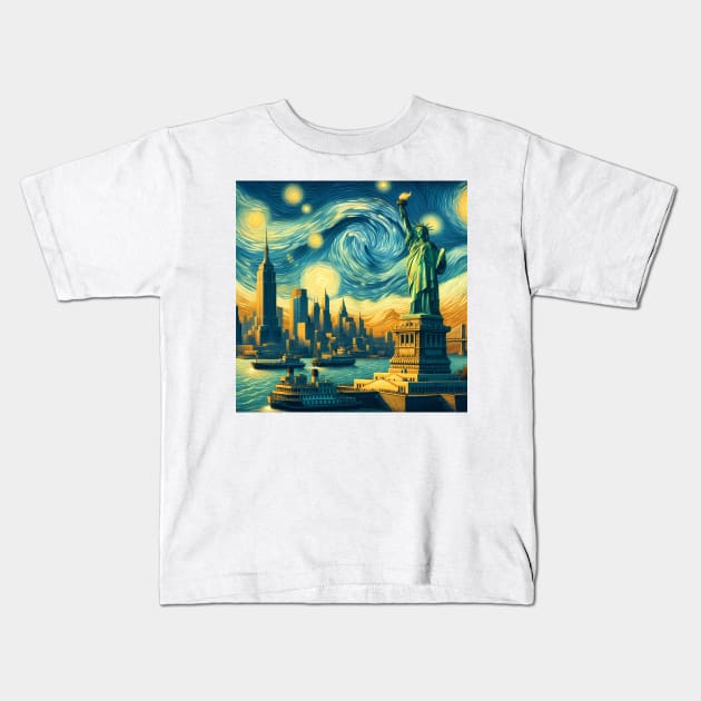 New York City, USA, in the style of Vincent van Gogh's Starry Night Kids T-Shirt by CreativeSparkzz